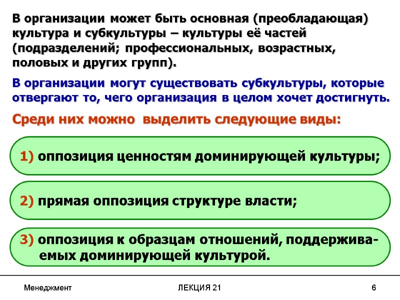 Менеджмент ЛЕКЦИЯ 21 6 В организации может быть основная (преобладающая) культура и субкультуры –